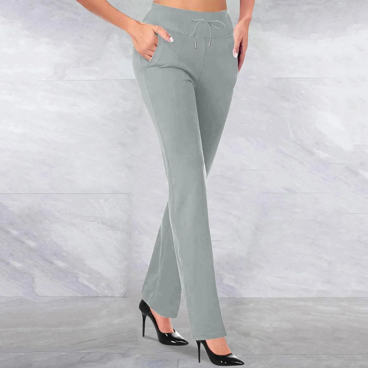 Women Straight Leg Work Pants Dressy Casual Trousers Solid Stretch Slim Fit Yoga Pant High Waist Slacks with Pocket
