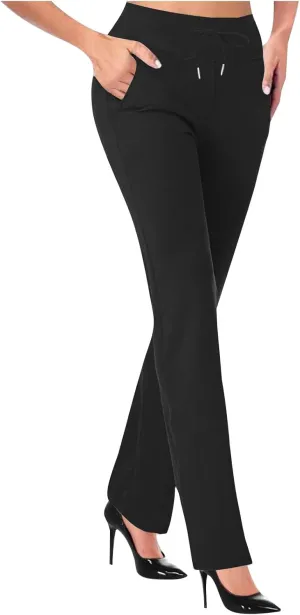 Women Straight Leg Work Pants Dressy Casual Trousers Solid Stretch Slim Fit Yoga Pant High Waist Slacks with Pocket