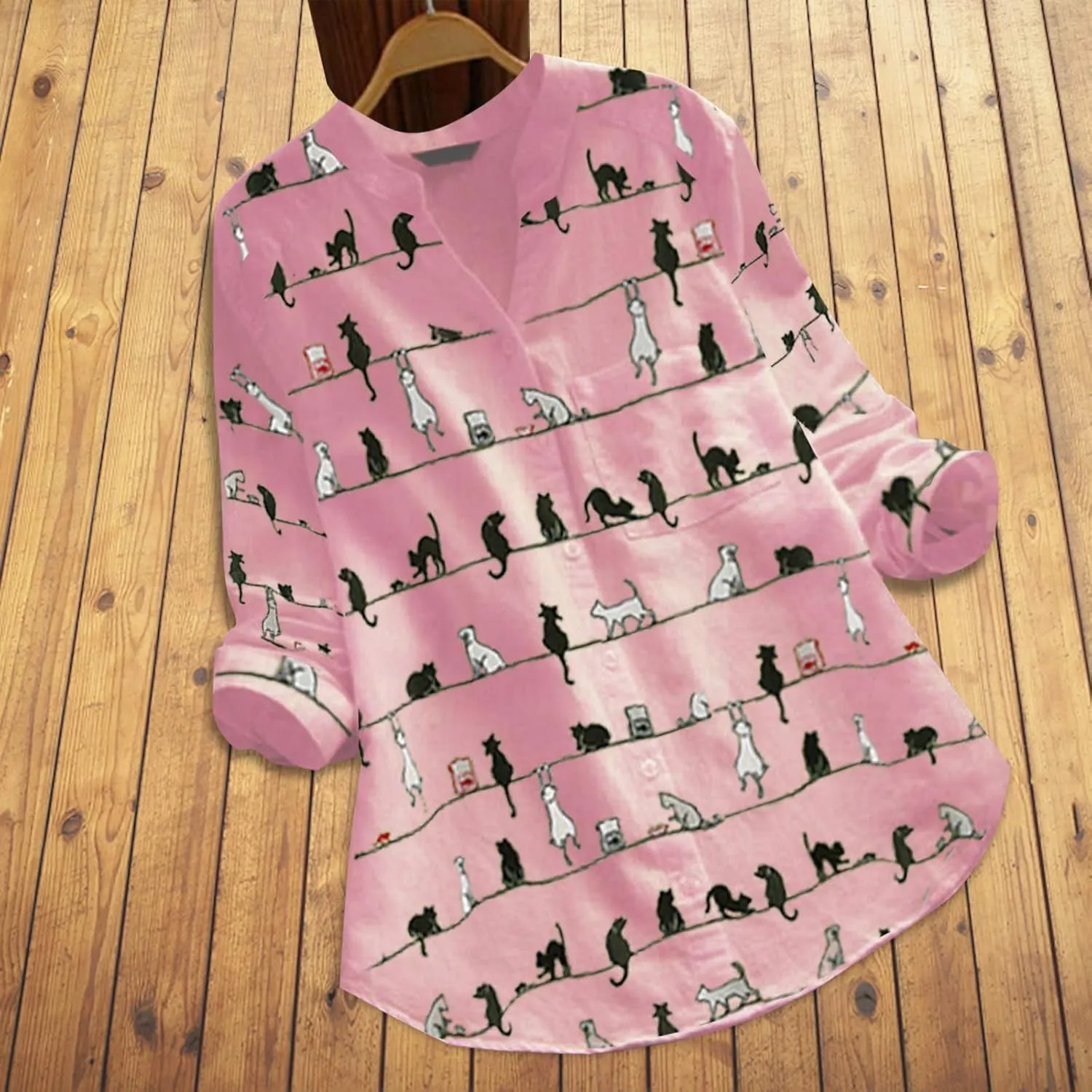 Women Summer 3/4 Sleeve Shirts Button Down Loose Fit Blouses 2024 Fashion Cat Print T-Shirts Plus Size Loose Tops