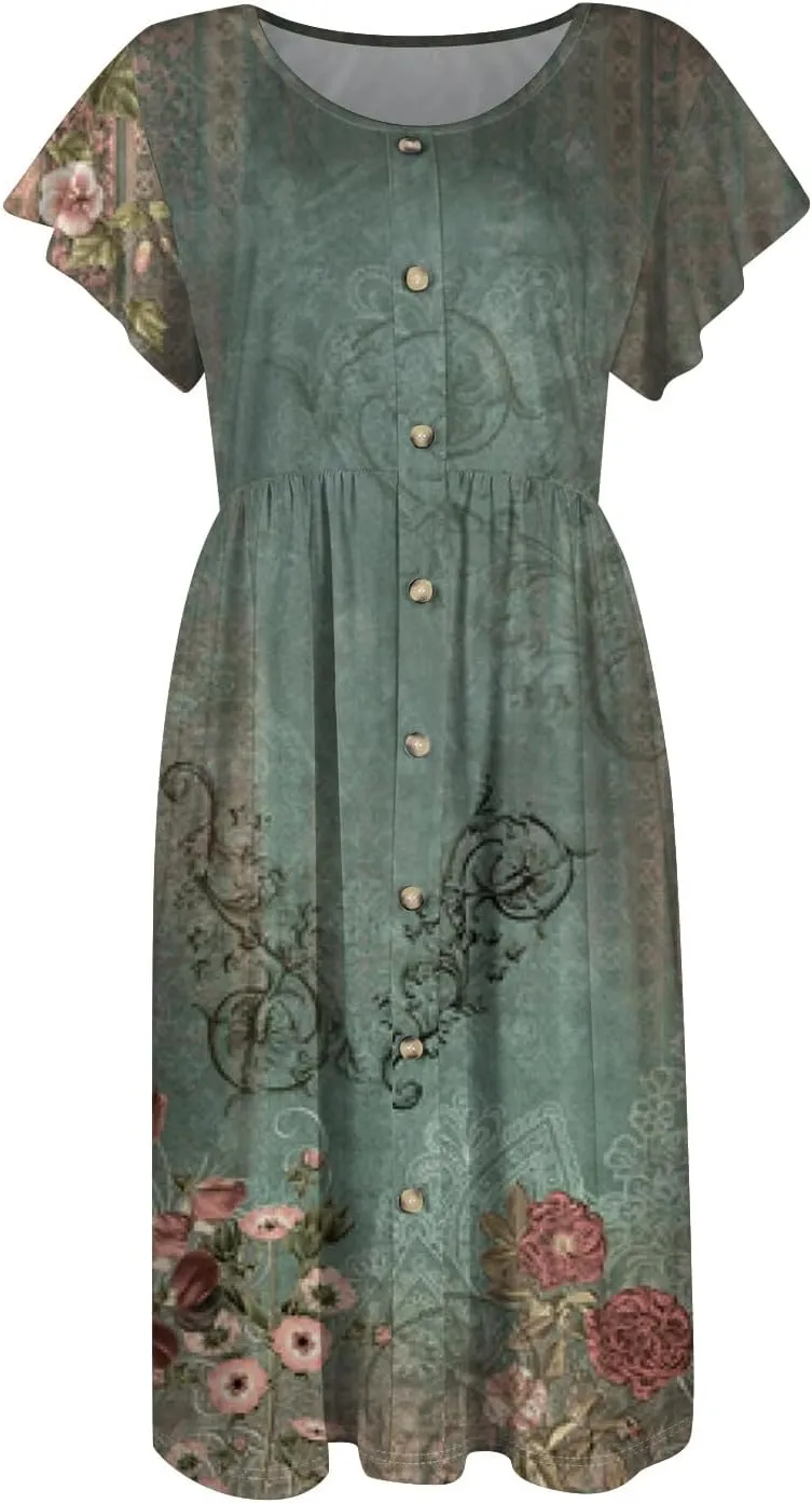 Women Summer Dresses Round Neck Summer Short Sleeve Casual Printed Loose Button Midi Beach Dresses with Pocket
