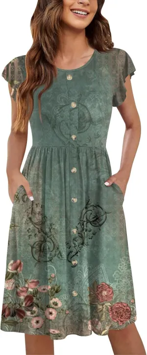 Women Summer Dresses Round Neck Summer Short Sleeve Casual Printed Loose Button Midi Beach Dresses with Pocket
