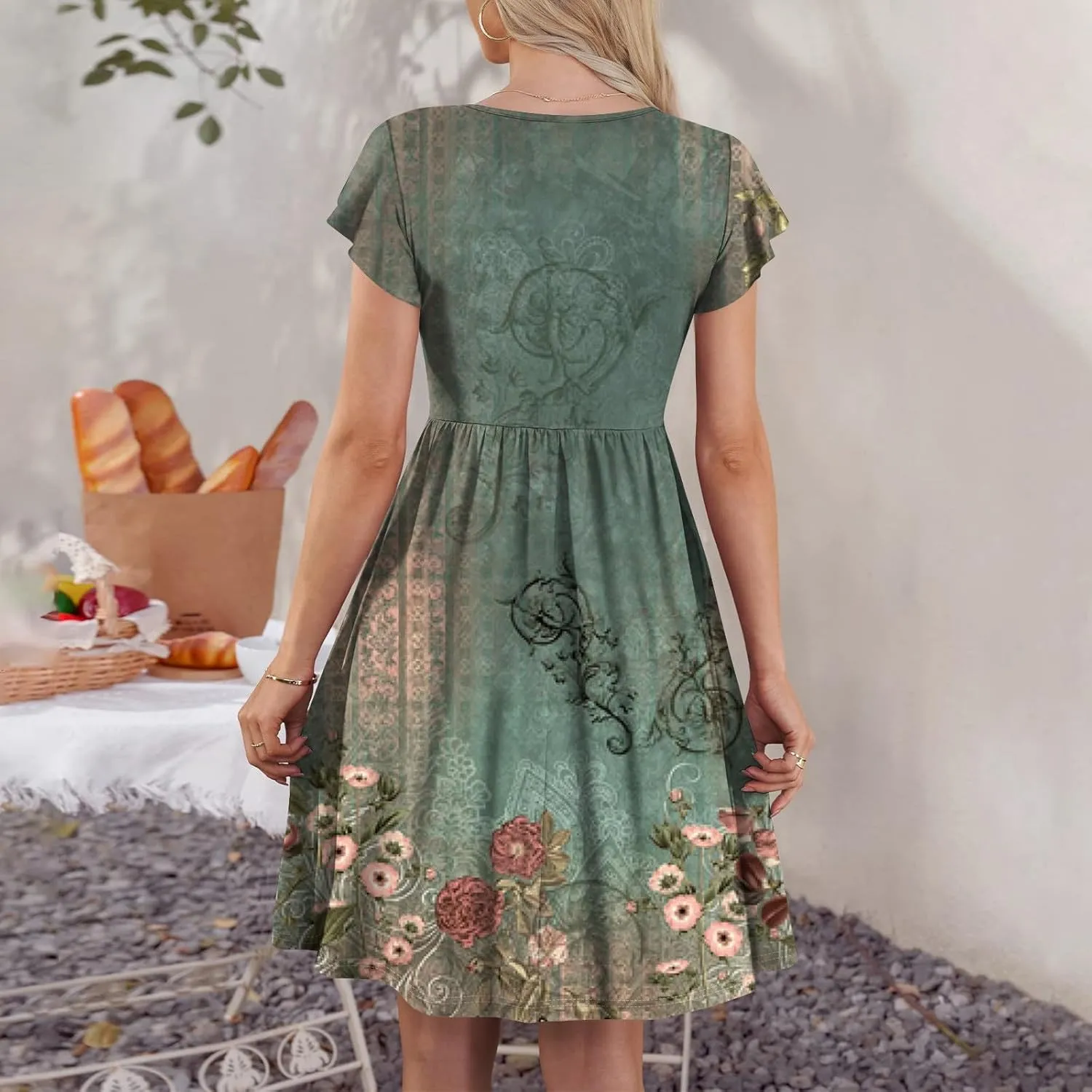 Women Summer Dresses Round Neck Summer Short Sleeve Casual Printed Loose Button Midi Beach Dresses with Pocket