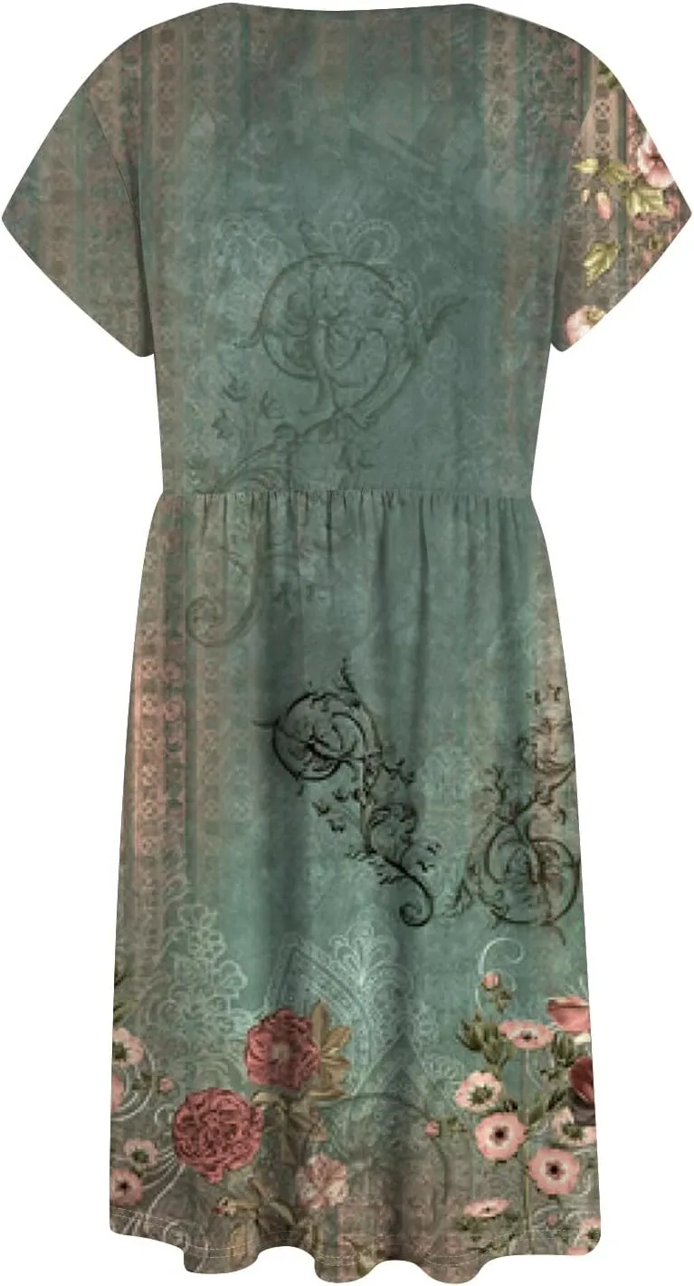 Women Summer Dresses Round Neck Summer Short Sleeve Casual Printed Loose Button Midi Beach Dresses with Pocket