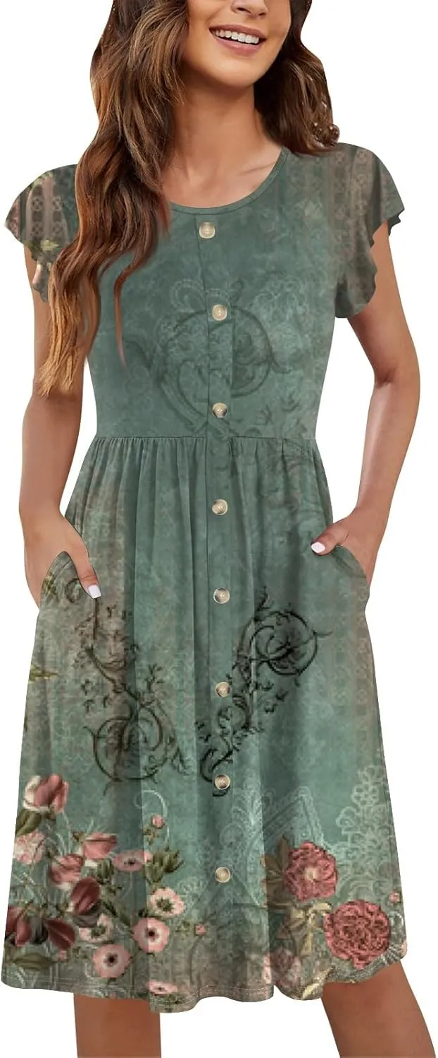 Women Summer Dresses Round Neck Summer Short Sleeve Casual Printed Loose Button Midi Beach Dresses with Pocket