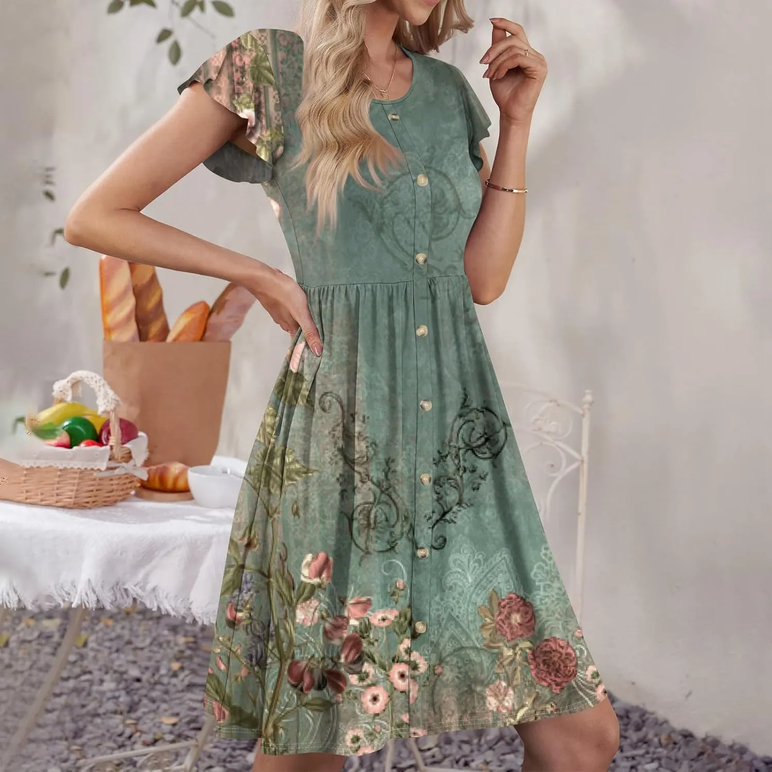 Women Summer Dresses Round Neck Summer Short Sleeve Casual Printed Loose Button Midi Beach Dresses with Pocket