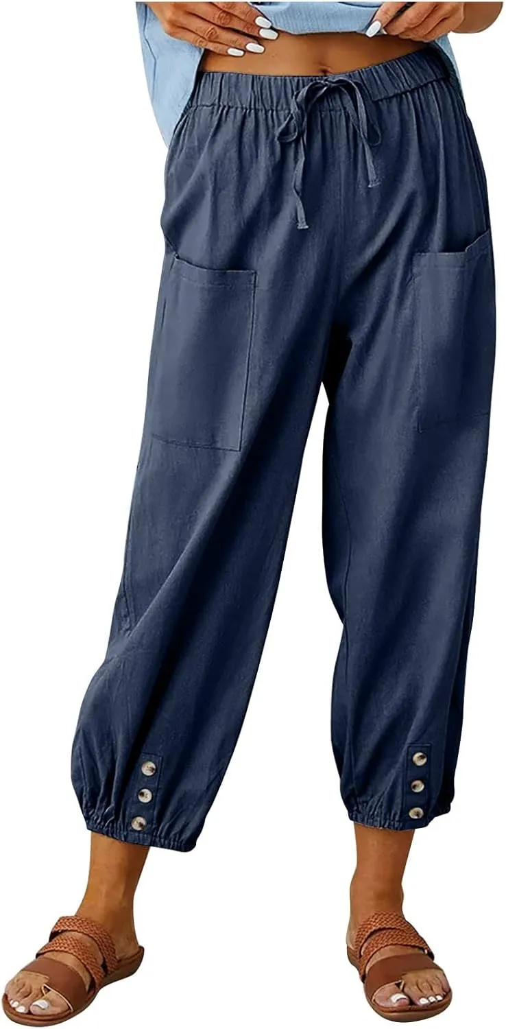 Women Summer High Waisted Pants,Comfy Casual Loose Pants,Wide Leg Long Pant Trousers with Pocket