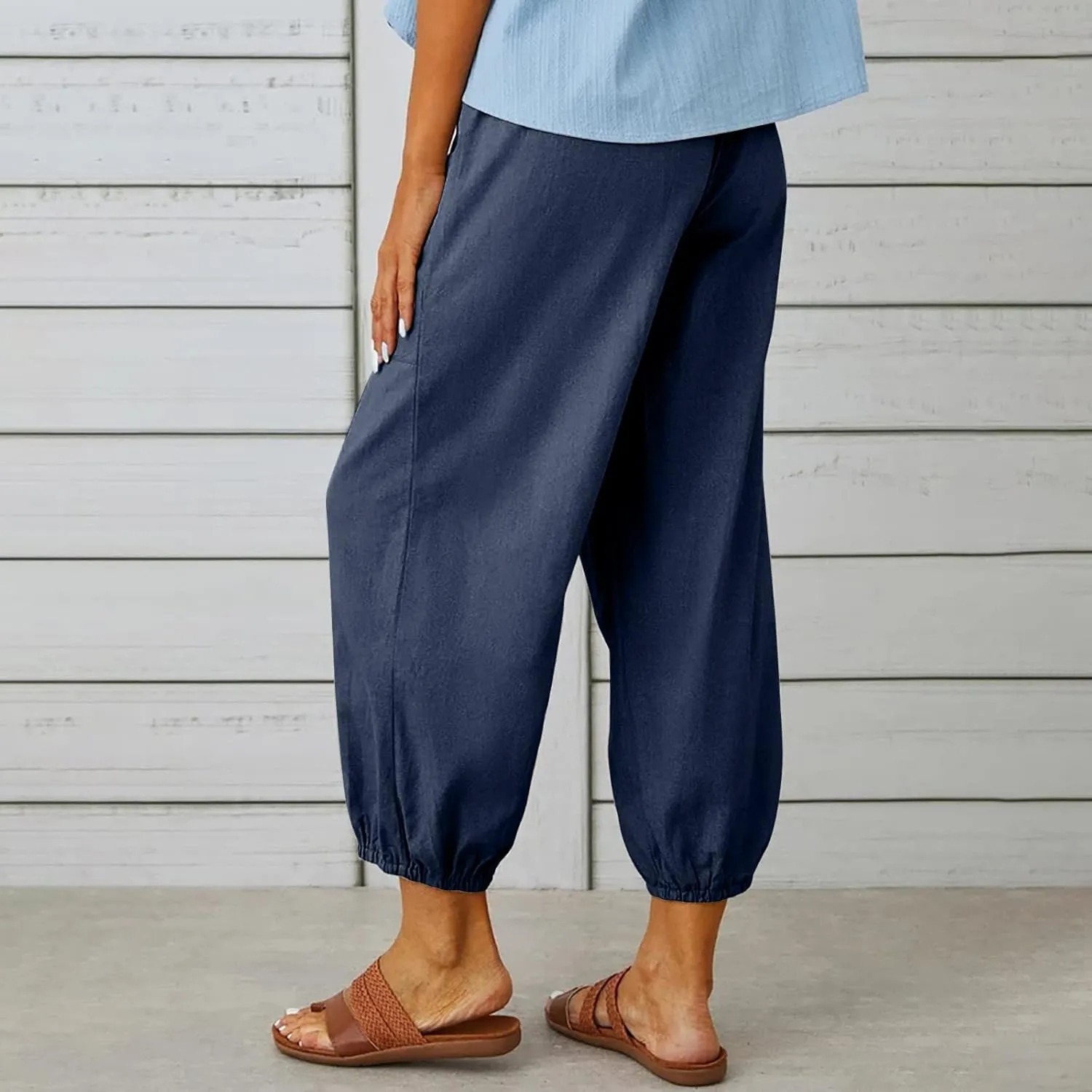 Women Summer High Waisted Pants,Comfy Casual Loose Pants,Wide Leg Long Pant Trousers with Pocket