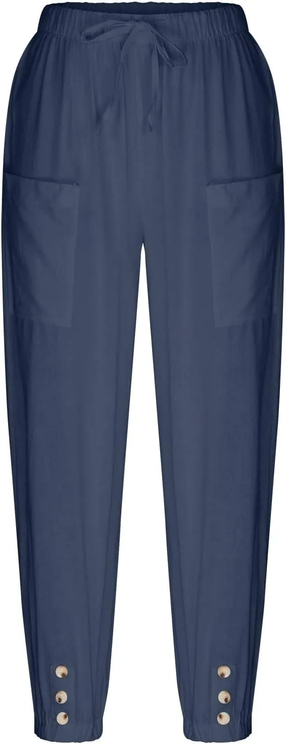 Women Summer High Waisted Pants,Comfy Casual Loose Pants,Wide Leg Long Pant Trousers with Pocket