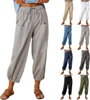 Women Summer High Waisted Pants,Comfy Casual Loose Pants,Wide Leg Long Pant Trousers with Pocket