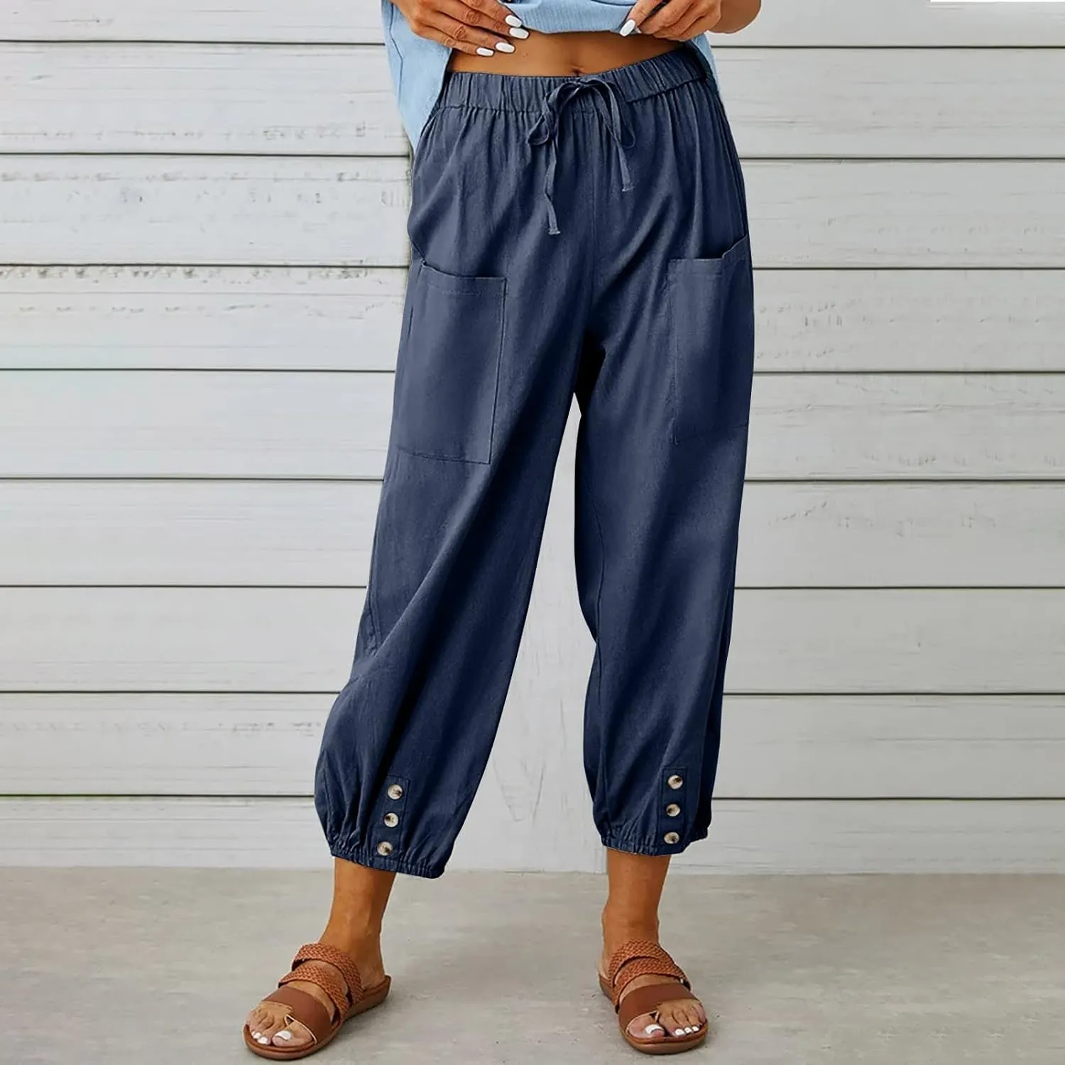 Women Summer High Waisted Pants,Comfy Casual Loose Pants,Wide Leg Long Pant Trousers with Pocket