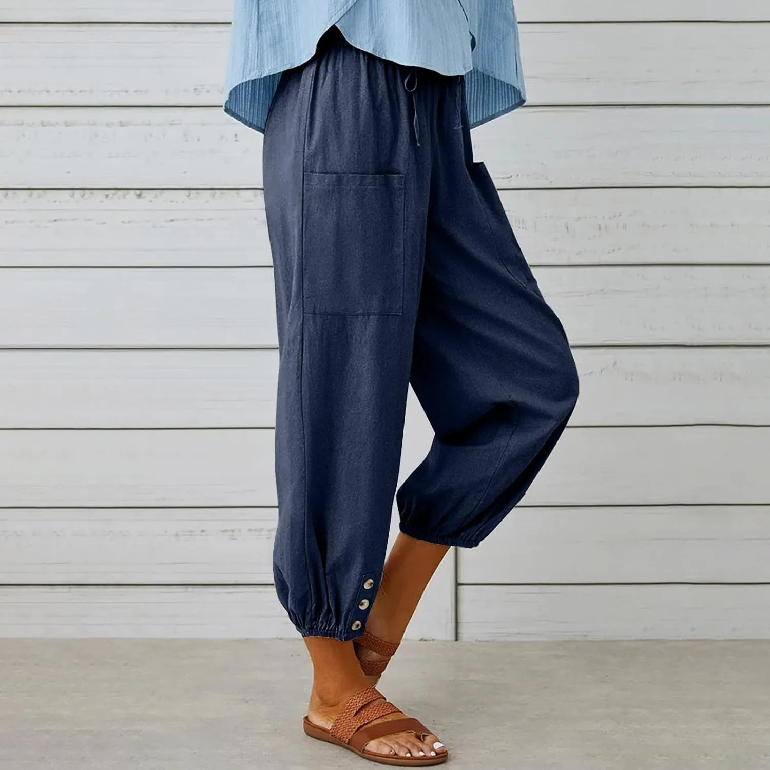 Women Summer High Waisted Pants,Comfy Casual Loose Pants,Wide Leg Long Pant Trousers with Pocket