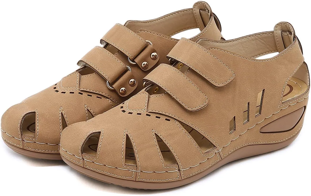 Women Summer Solid Hollow Hook Loop Casual Round Toe Wedges Comfortable Beach Shoes Women Flat Slide Sandals