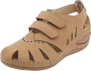 Women Summer Solid Hollow Hook Loop Casual Round Toe Wedges Comfortable Beach Shoes Women Flat Slide Sandals