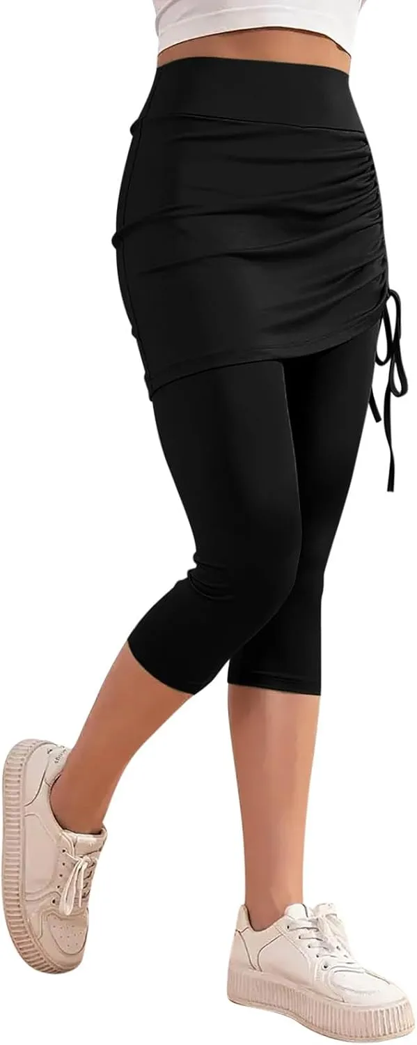 Women Tennis Skirts with Built-in Capri Leggings Workout Yoga Pants High Waist Drawstring Ruched Athletic Skorts