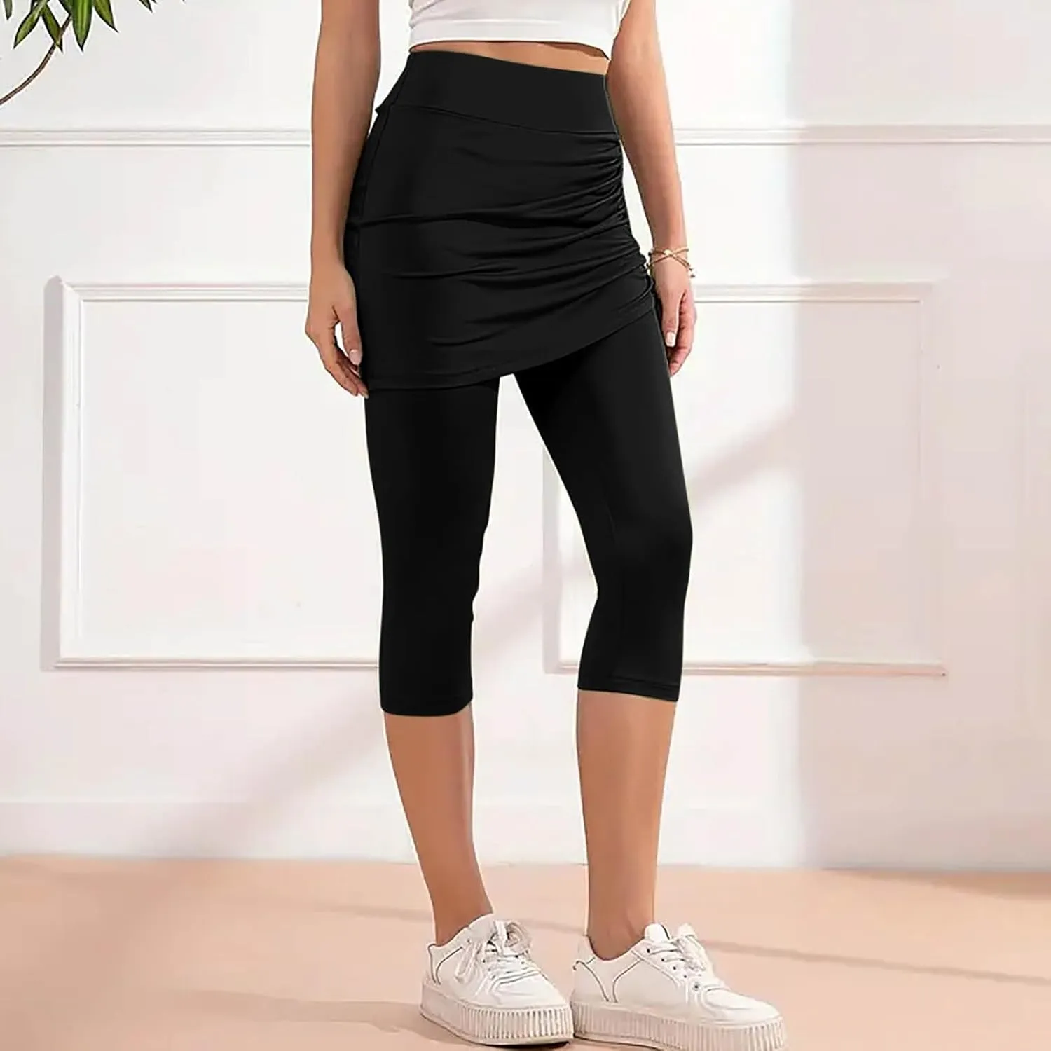 Women Tennis Skirts with Built-in Capri Leggings Workout Yoga Pants High Waist Drawstring Ruched Athletic Skorts