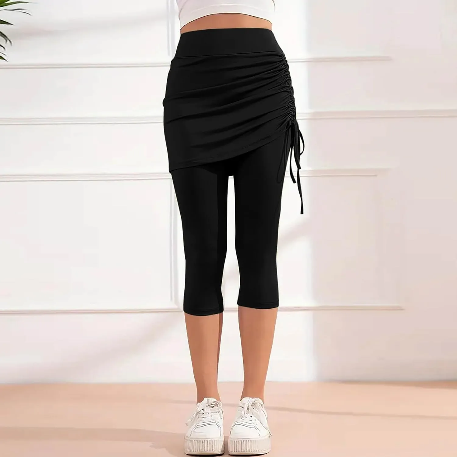 Women Tennis Skirts with Built-in Capri Leggings Workout Yoga Pants High Waist Drawstring Ruched Athletic Skorts