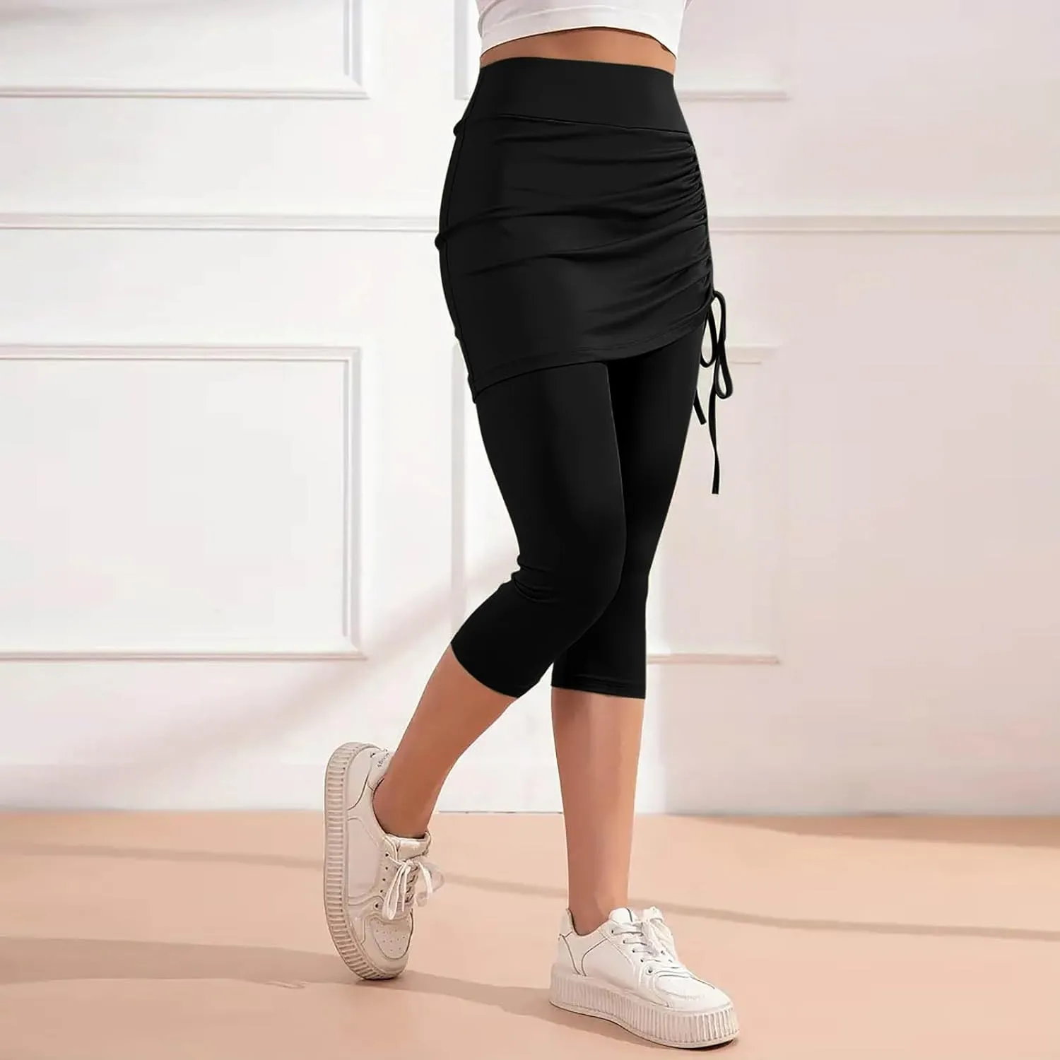 Women Tennis Skirts with Built-in Capri Leggings Workout Yoga Pants High Waist Drawstring Ruched Athletic Skorts