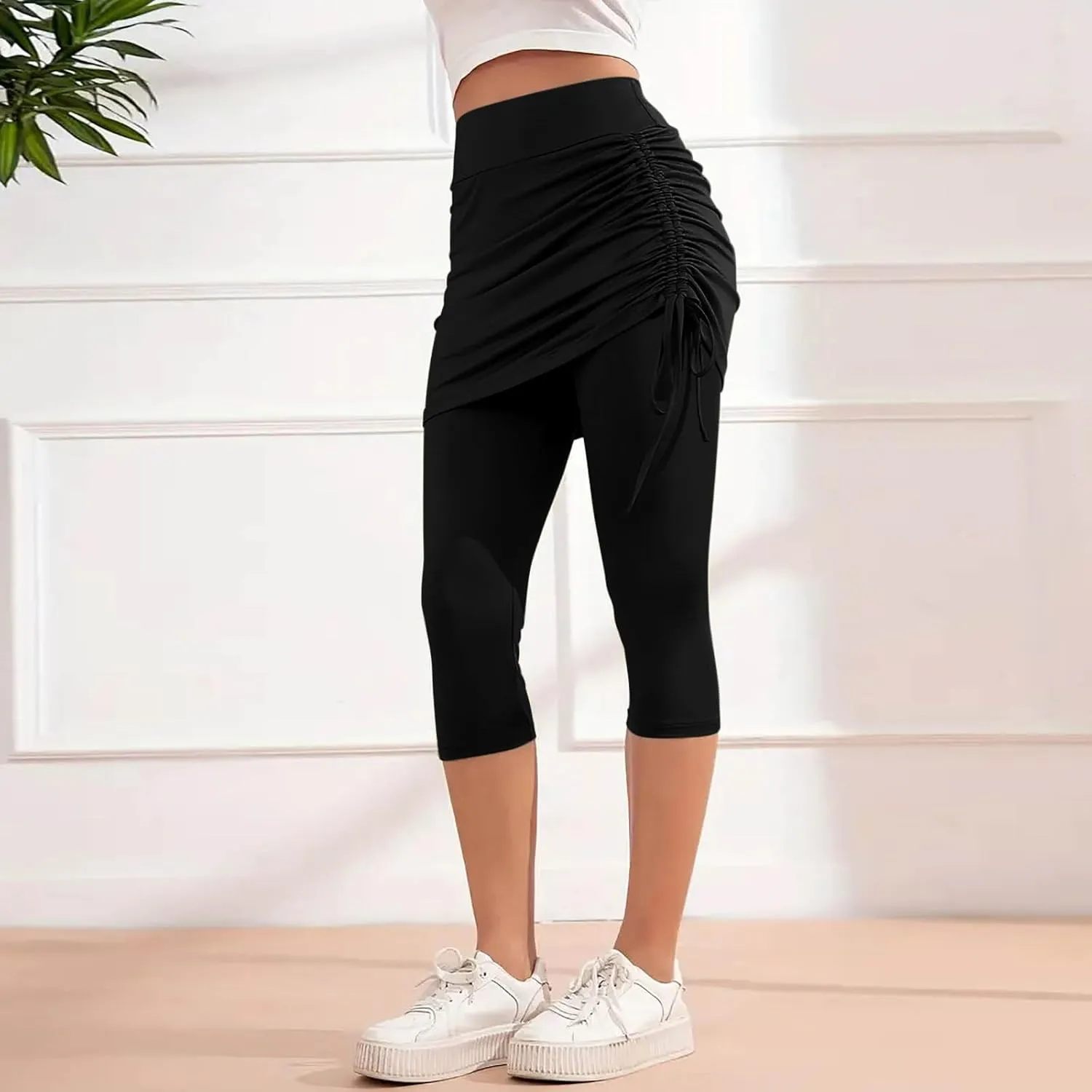 Women Tennis Skirts with Built-in Capri Leggings Workout Yoga Pants High Waist Drawstring Ruched Athletic Skorts