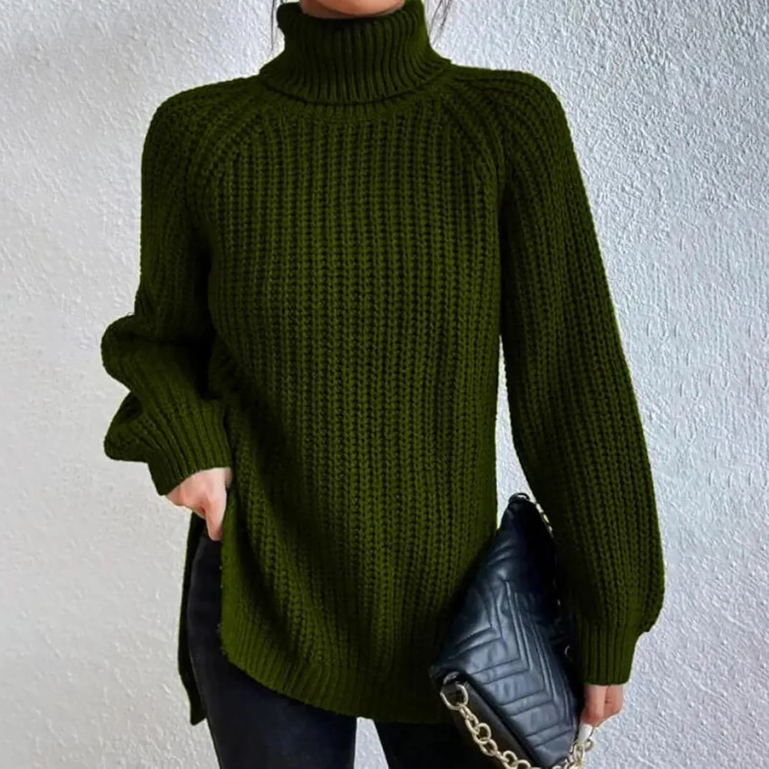 Women Turtleneck Sweaters Batwing Sleeve Casual Loose Chunky Pullover Sweater Knit Tops High Collar Cute Blouse
