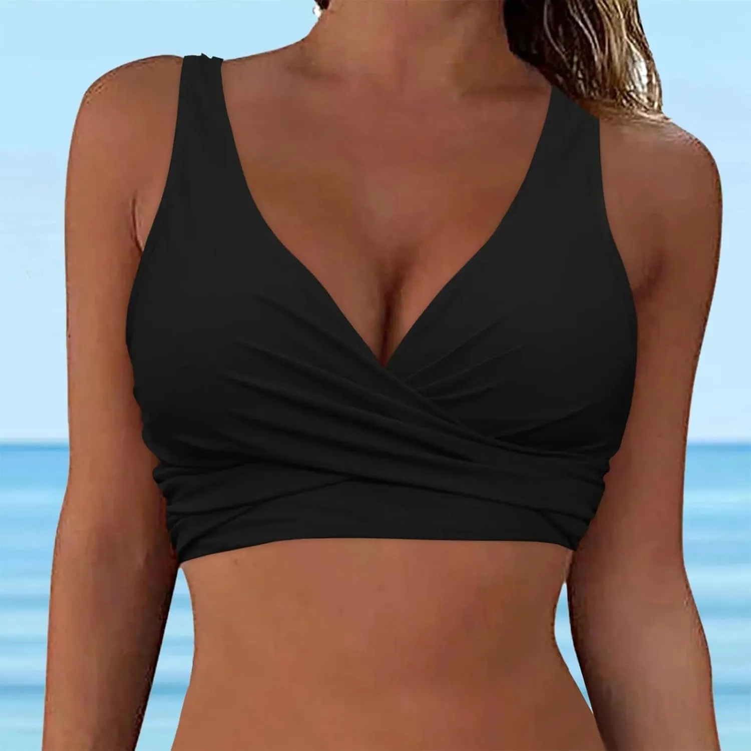 Women Underwire Full Coverage Bikini Top Only Criss Cross Push Up Swim Crop Top Tie Back Bathing Suit