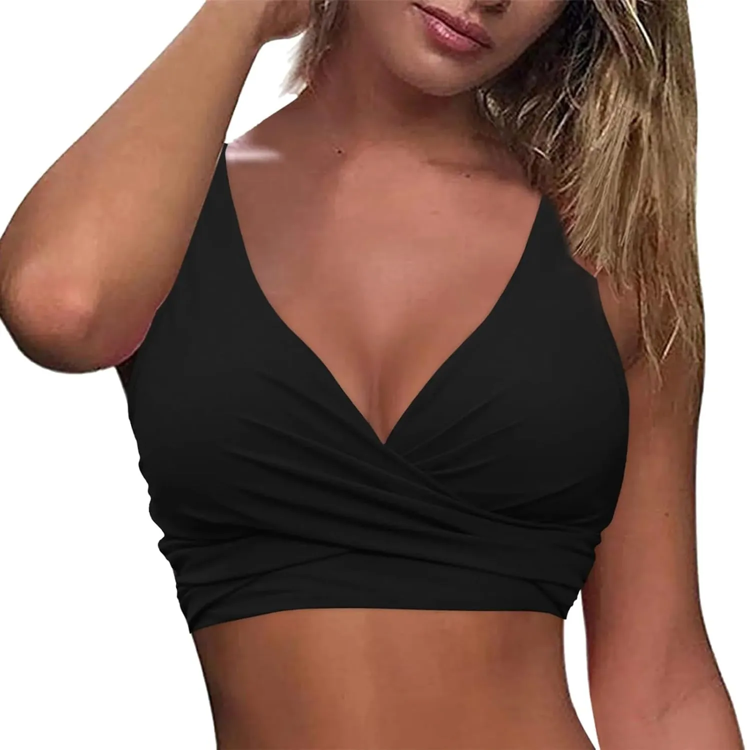 Women Underwire Full Coverage Bikini Top Only Criss Cross Push Up Swim Crop Top Tie Back Bathing Suit