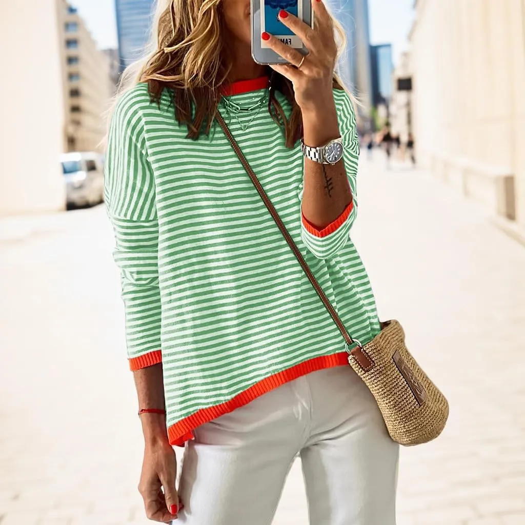 Womens 2023 Cotton Sweaters Long Sleeve Crew Neck Color Block Pullover Striped Casual Knitted Sweatshirt Trendy Tops