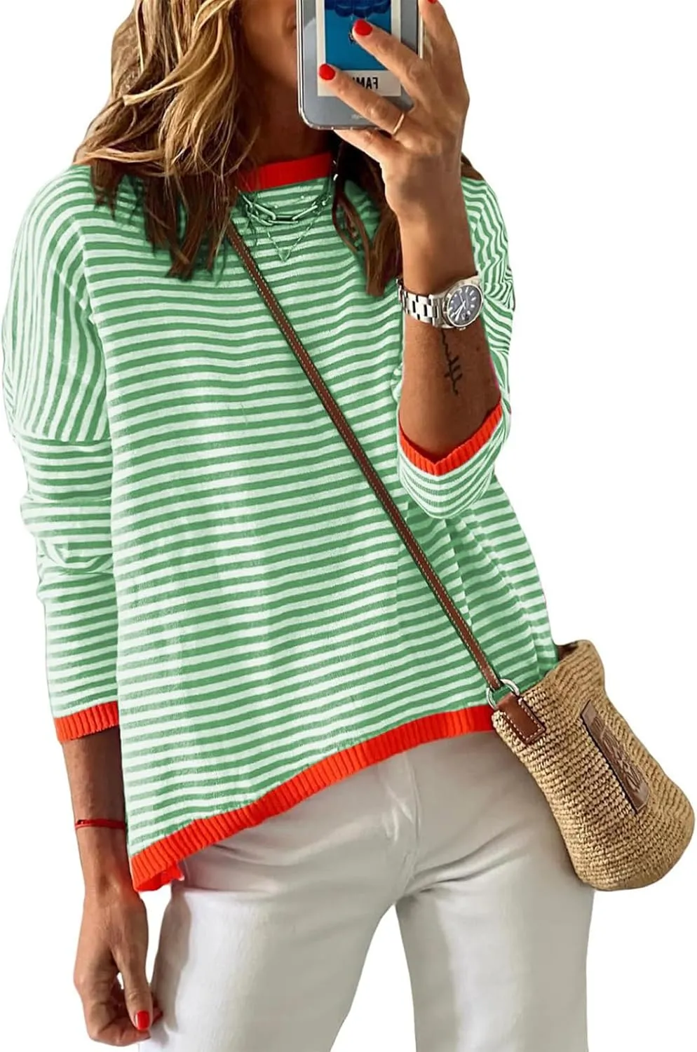 Womens 2023 Cotton Sweaters Long Sleeve Crew Neck Color Block Pullover Striped Casual Knitted Sweatshirt Trendy Tops