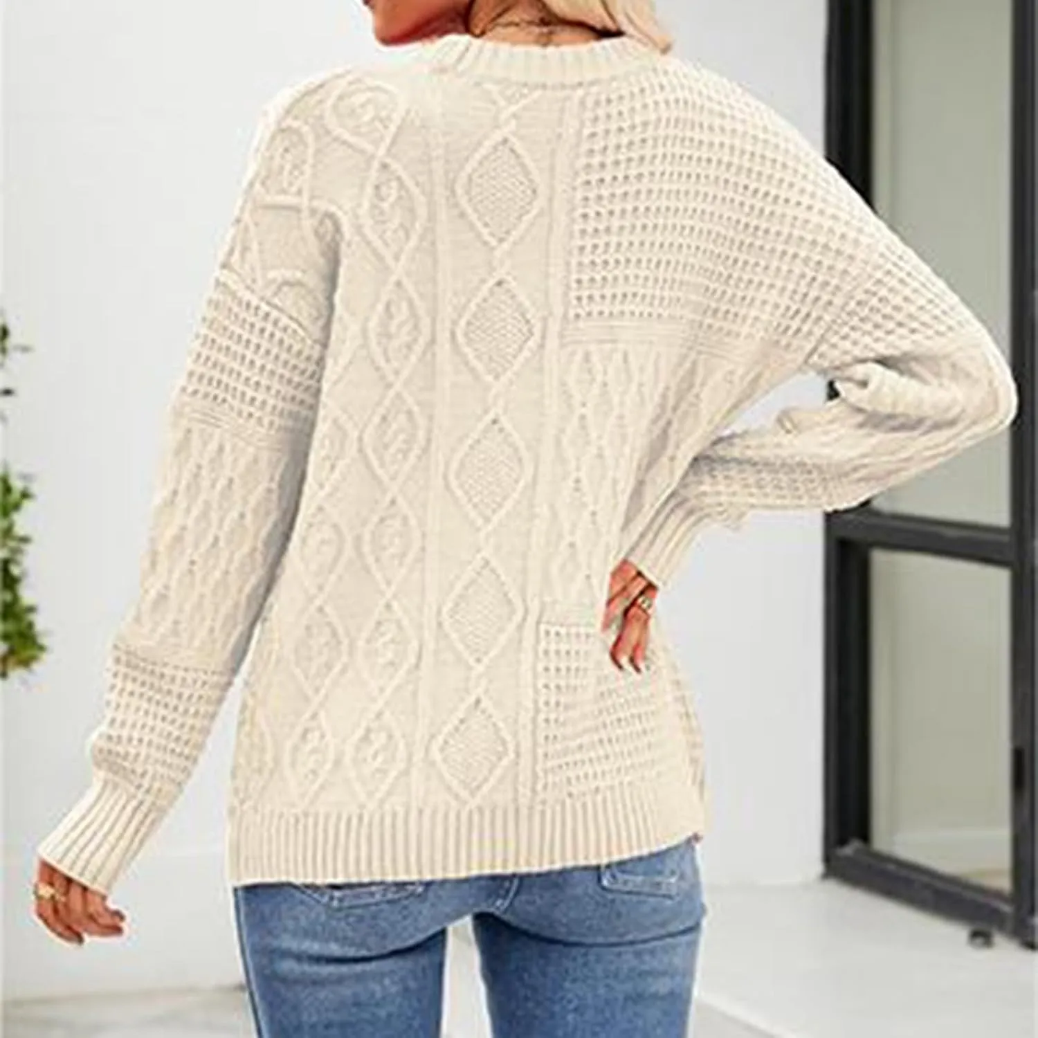 Women's 2024 Crew Neck Long Sleeve Casual Loose Cable Knit Solid Soft Pullover Sweater Tops Oversized Sweaters Jumper