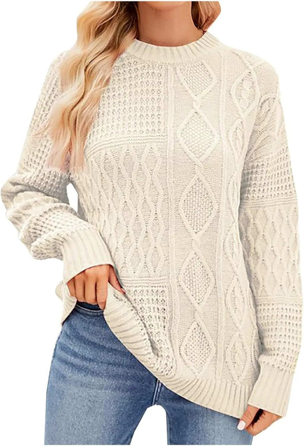 Women's 2024 Crew Neck Long Sleeve Casual Loose Cable Knit Solid Soft Pullover Sweater Tops Oversized Sweaters Jumper