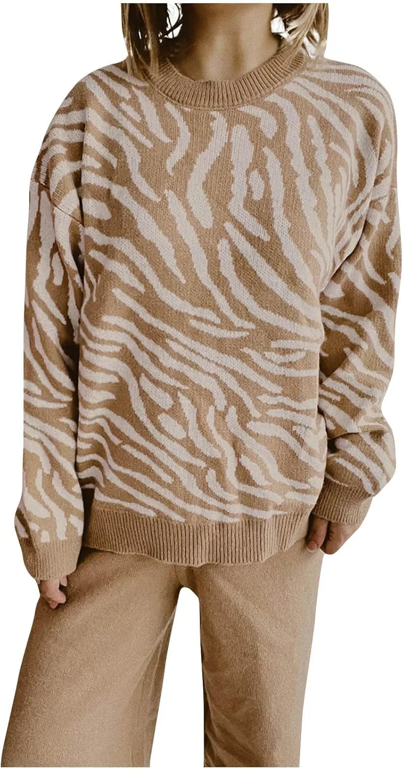 Womens 2024 Fall Winter Fashion Crewneck Long Sleeve Colorblock Chunky Knit Casual Loose Pullover Sweater Jumper Tops