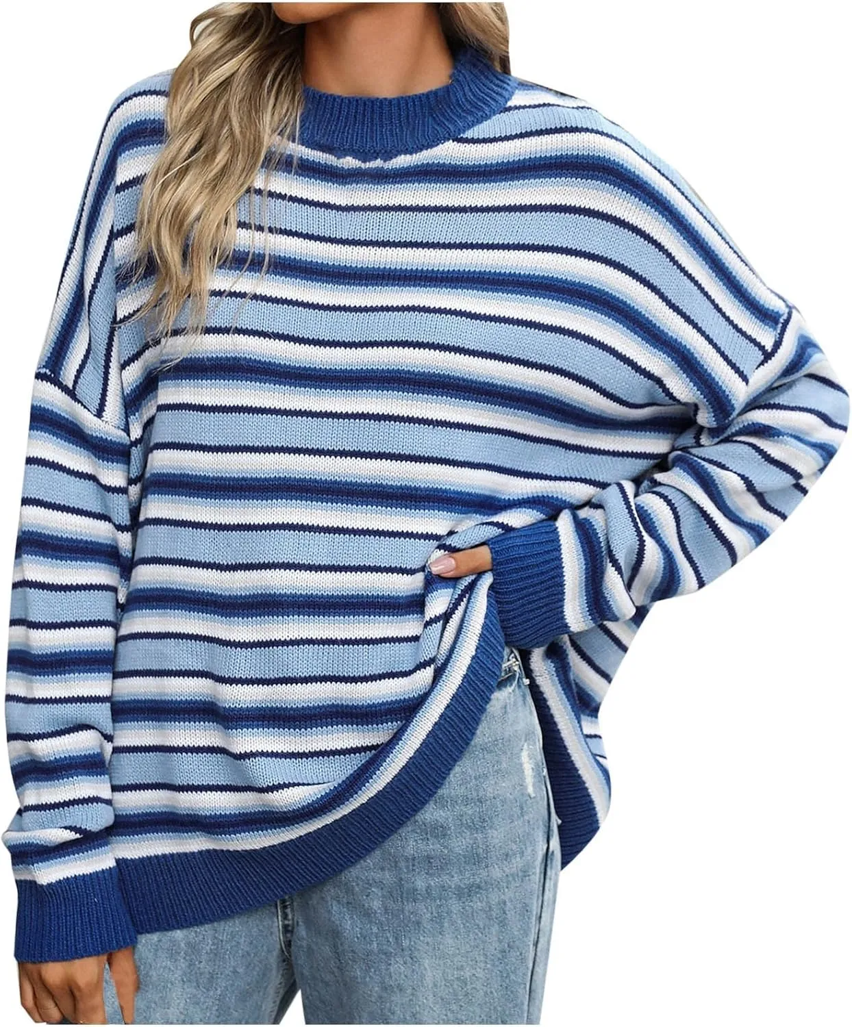 Women's 2024 Winter Pullover Sweater Casual Long Sleeve Crewneck Loose Chunky Knit Jumper Tops Striped Sweater Women