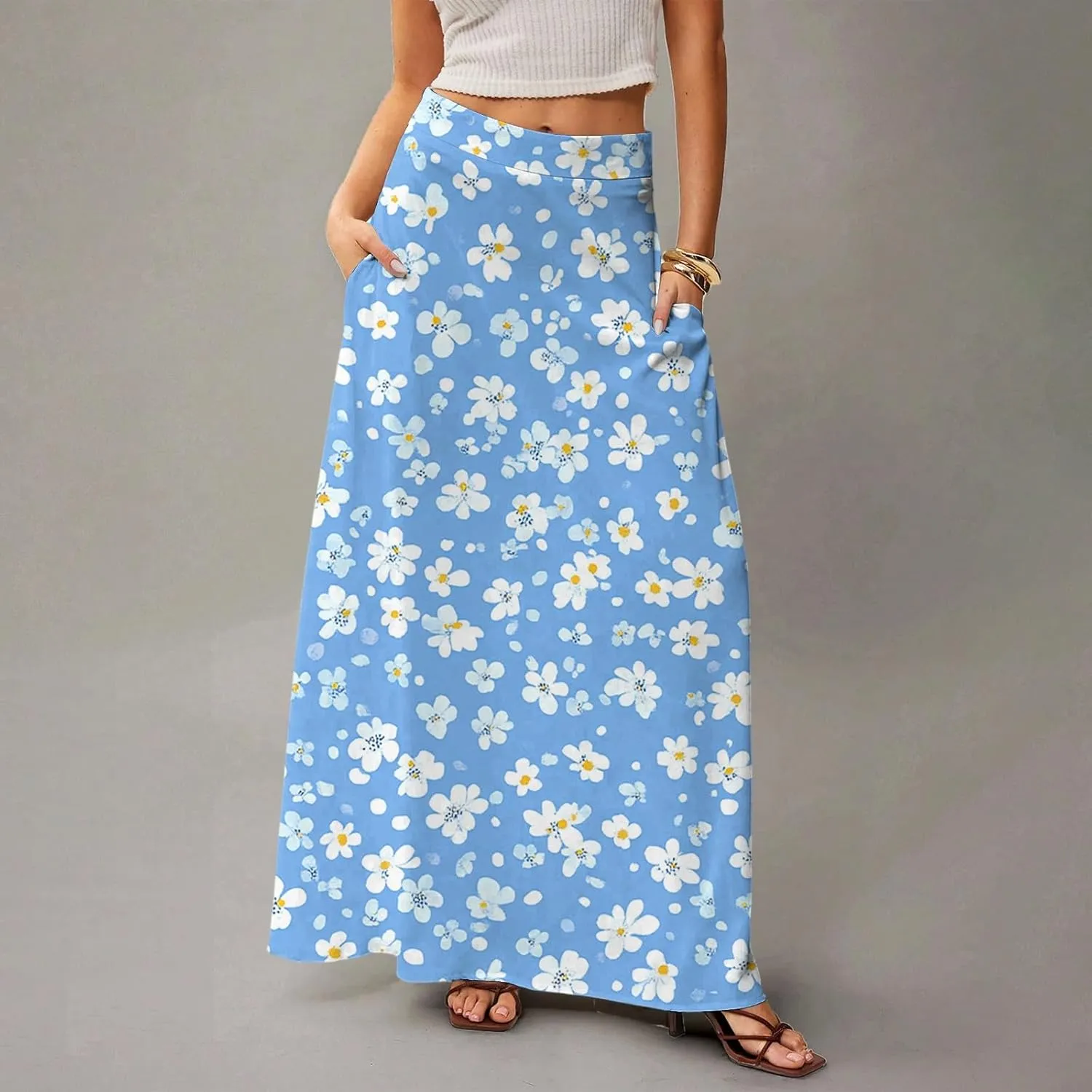 Women's 2025 Bohemian Long Skirts High Waist Flowy A Line Maxi Skirts with Pocket, S-2XL