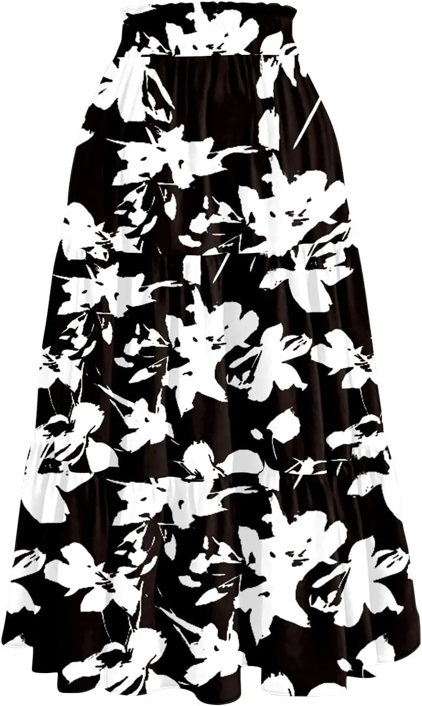 Women's 2025 Bohemian Summer Skirts High Waist Pleated A Line Flowy Midi Skirts with Pocket, S-2XL