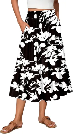Women's 2025 Bohemian Summer Skirts High Waist Pleated A Line Flowy Midi Skirts with Pocket, S-2XL