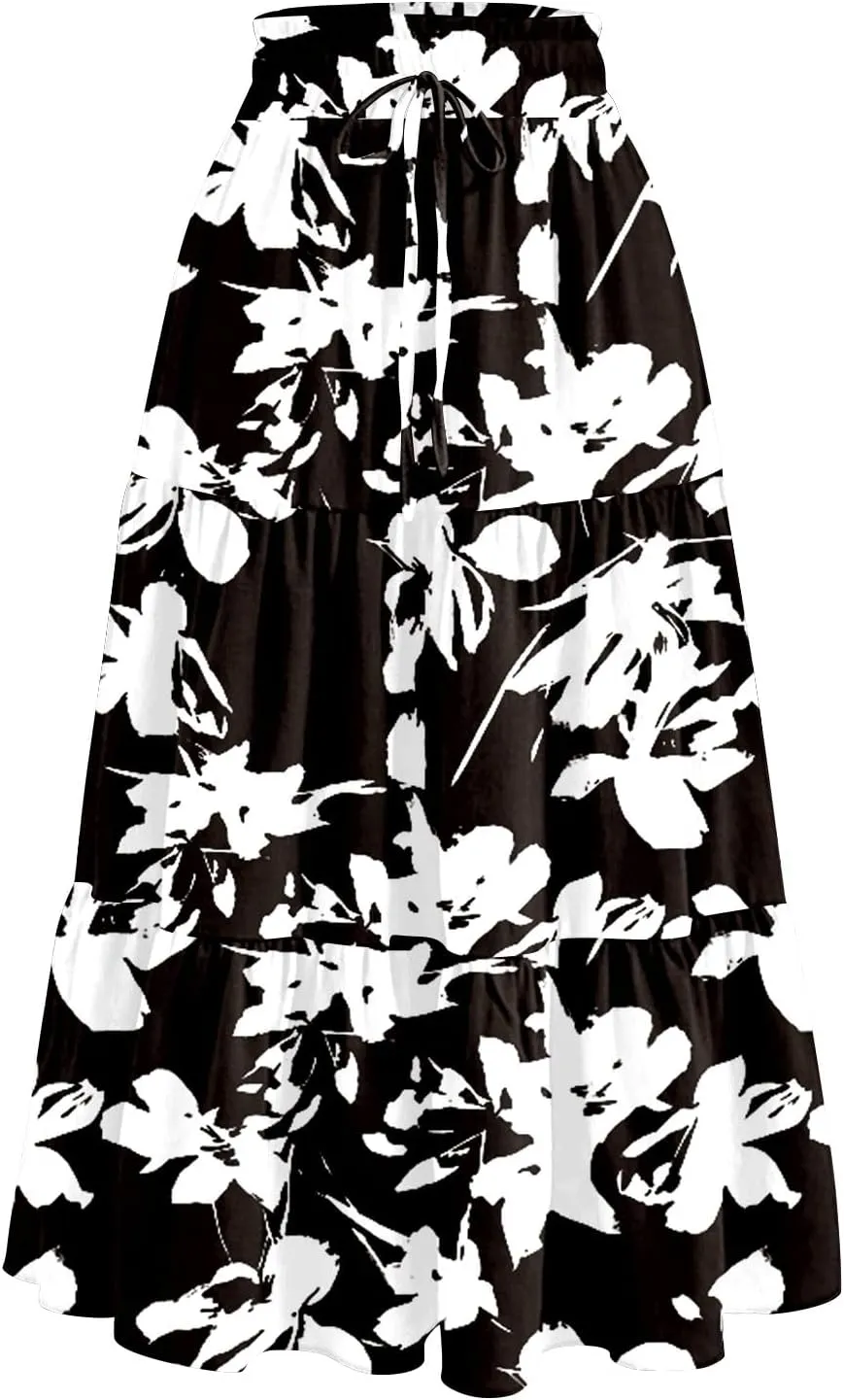 Women's 2025 Bohemian Summer Skirts High Waist Pleated A Line Flowy Midi Skirts with Pocket, S-2XL