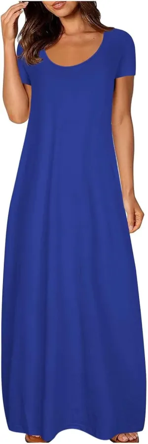 Womens 2025 Casual Short Sleeve Maxi Dress Plus Size Loose Solid Long Summer Sundresses Beach Vacation Clothes