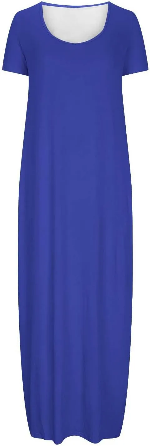 Womens 2025 Casual Short Sleeve Maxi Dress Plus Size Loose Solid Long Summer Sundresses Beach Vacation Clothes