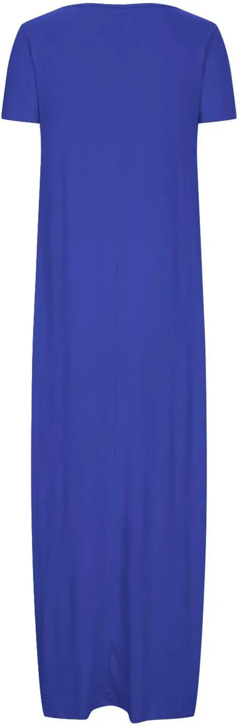 Womens 2025 Casual Short Sleeve Maxi Dress Plus Size Loose Solid Long Summer Sundresses Beach Vacation Clothes