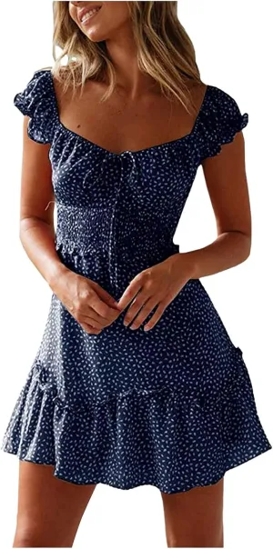 Womens 2025 Summer Ruffle Dress Casual Sexy Short Sleeve Boho Short Mini Beach Vacation Sundress