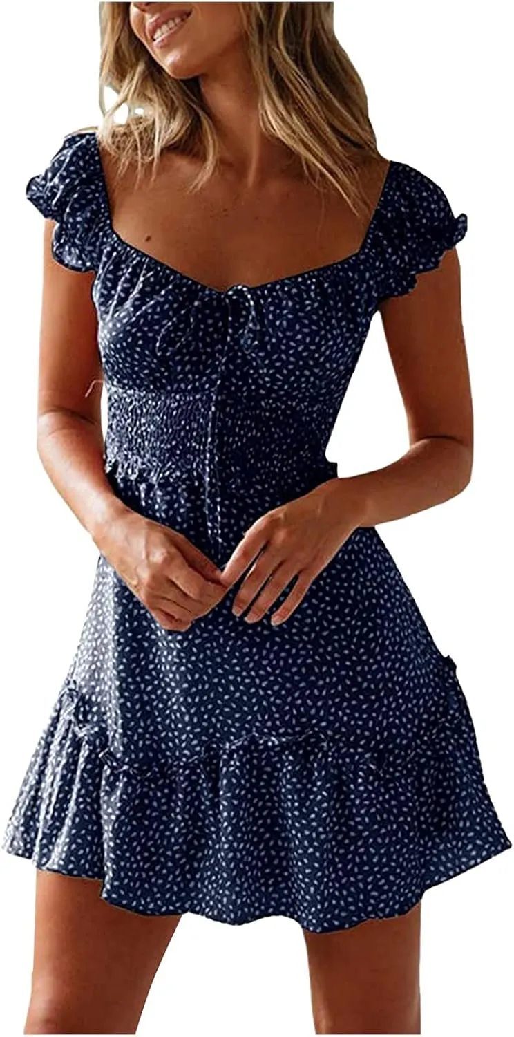 Womens 2025 Summer Ruffle Dress Casual Sexy Short Sleeve Boho Short Mini Beach Vacation Sundress