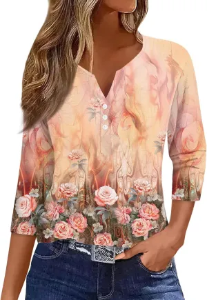 Women's 3/4 Sleeve Tops 2025 Summer Vacation Trendy Casual Shirts V Neck Loose Comfy Boho Clothes