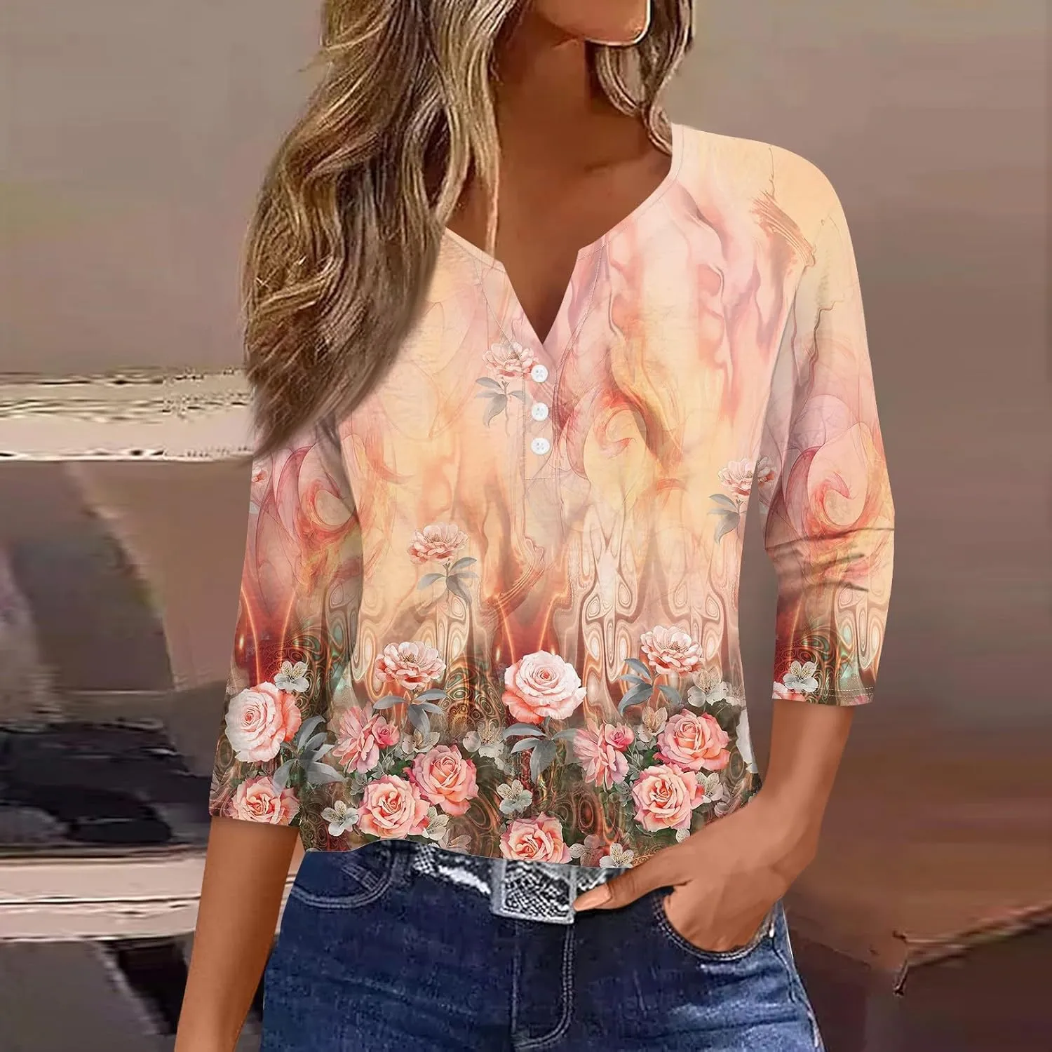 Women's 3/4 Sleeve Tops 2025 Summer Vacation Trendy Casual Shirts V Neck Loose Comfy Boho Clothes