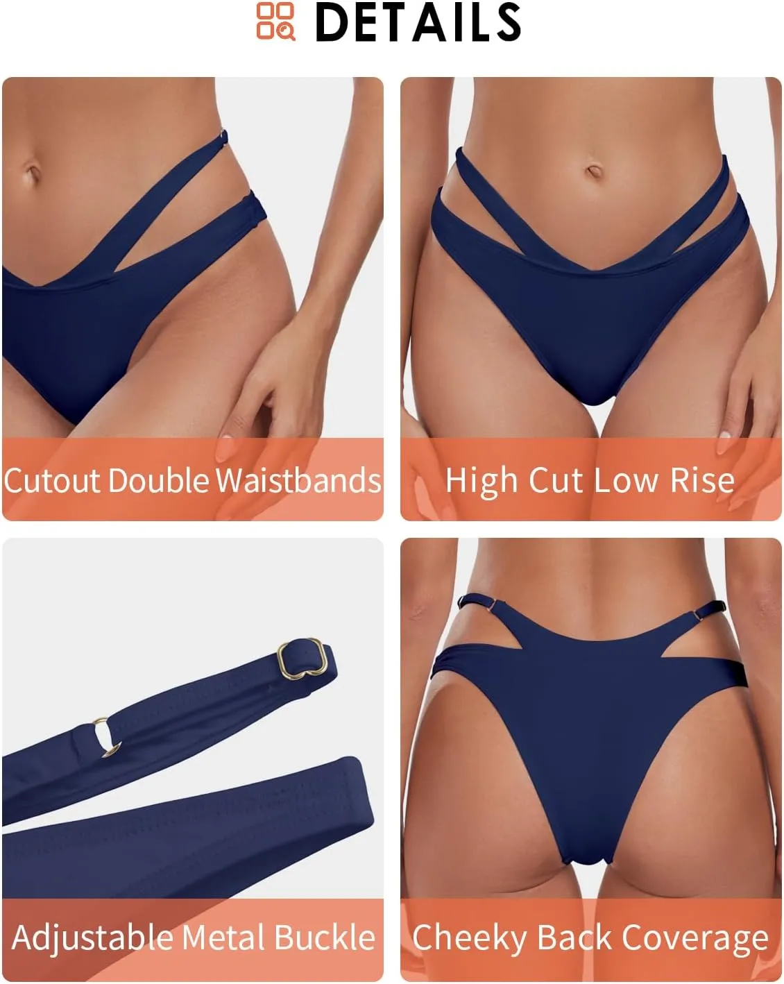 Women's Adjustable Swim Bottoms High Cut Low Waisted Bikini Bottoms Cheeky Bathing Suit Bottoms