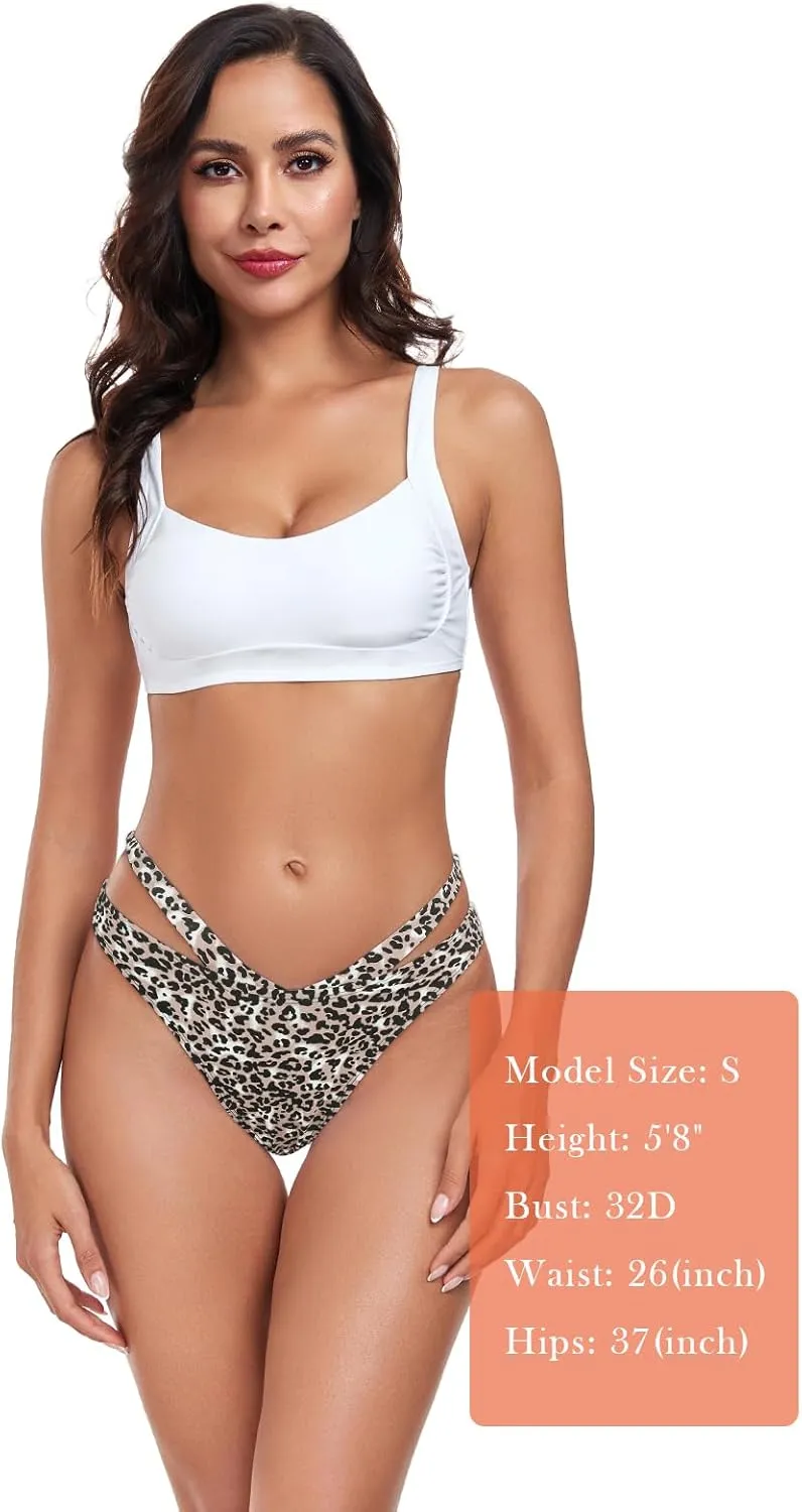 Women's Adjustable Swim Bottoms High Cut Low Waisted Bikini Bottoms Cheeky Bathing Suit Bottoms
