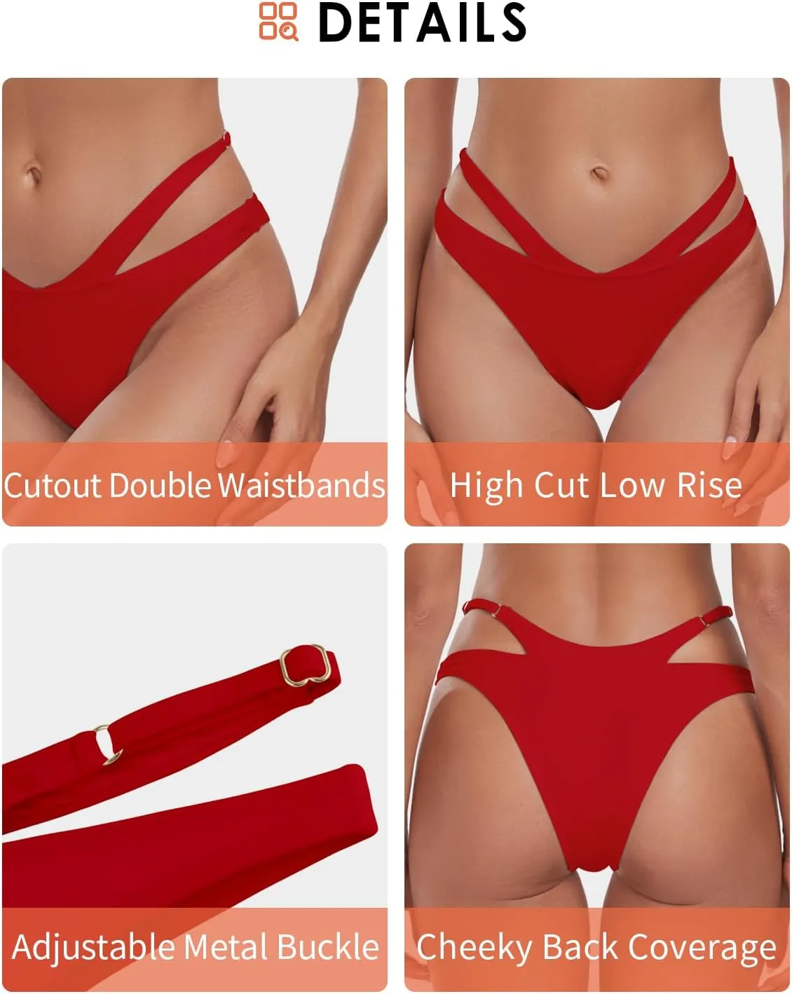 Women's Adjustable Swim Bottoms High Cut Low Waisted Bikini Bottoms Cheeky Bathing Suit Bottoms