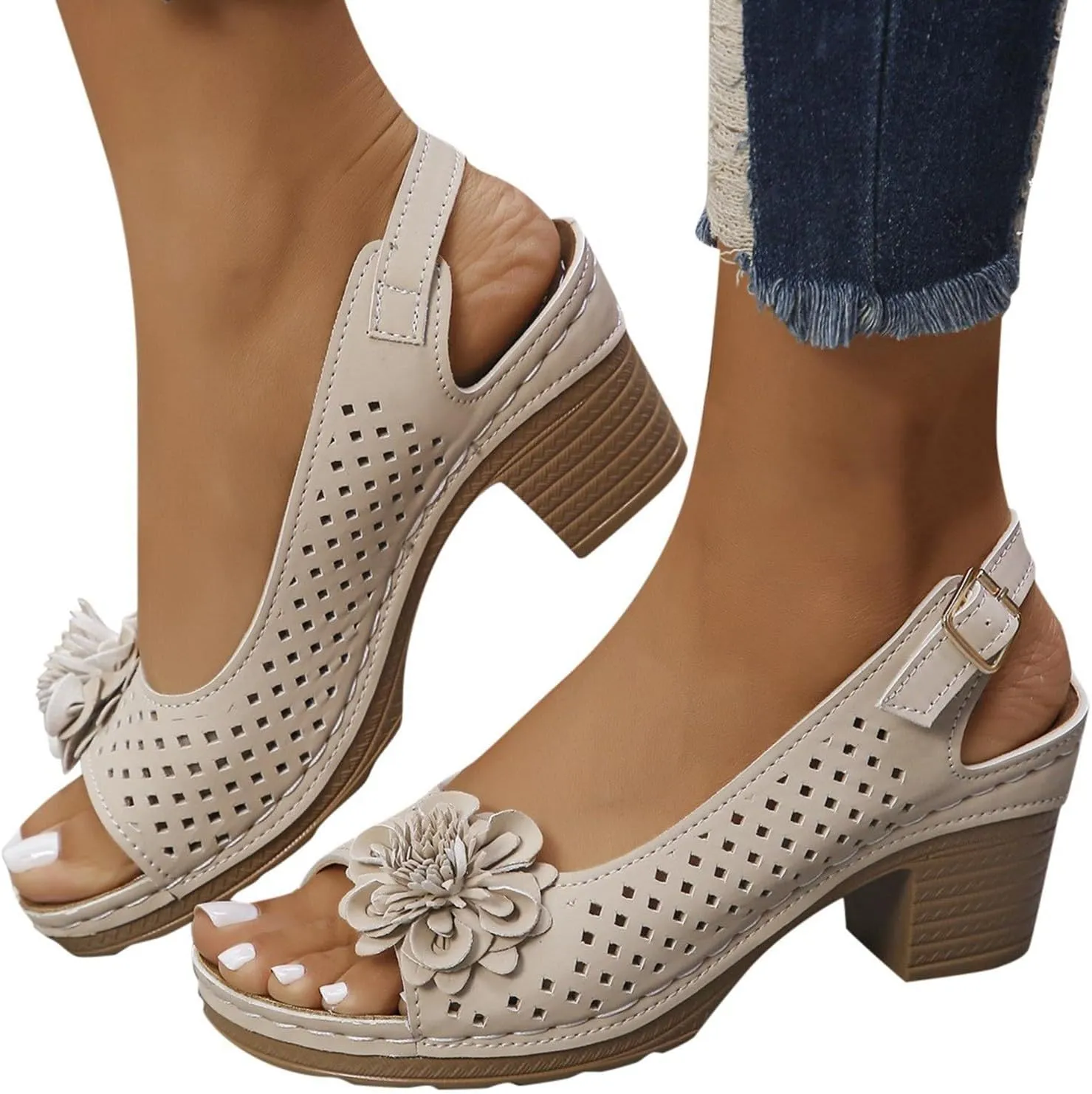 Womens Block Heel Sandals Summer Open Toe Ankle Buckle Strap Chunky Casual Hollow Out Platform Wedge Peep Slingback Dress Shoes Dressy Wedges Heels Comfortable Sandal Work Office Breathable