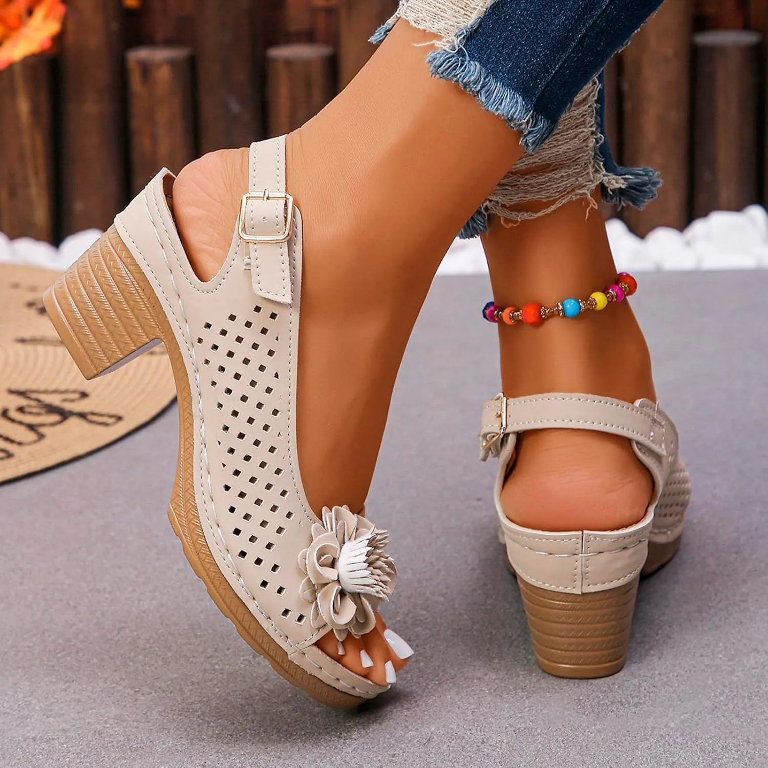 Womens Block Heel Sandals Summer Open Toe Ankle Buckle Strap Chunky Casual Hollow Out Platform Wedge Peep Slingback Dress Shoes Dressy Wedges Heels Comfortable Sandal Work Office Breathable