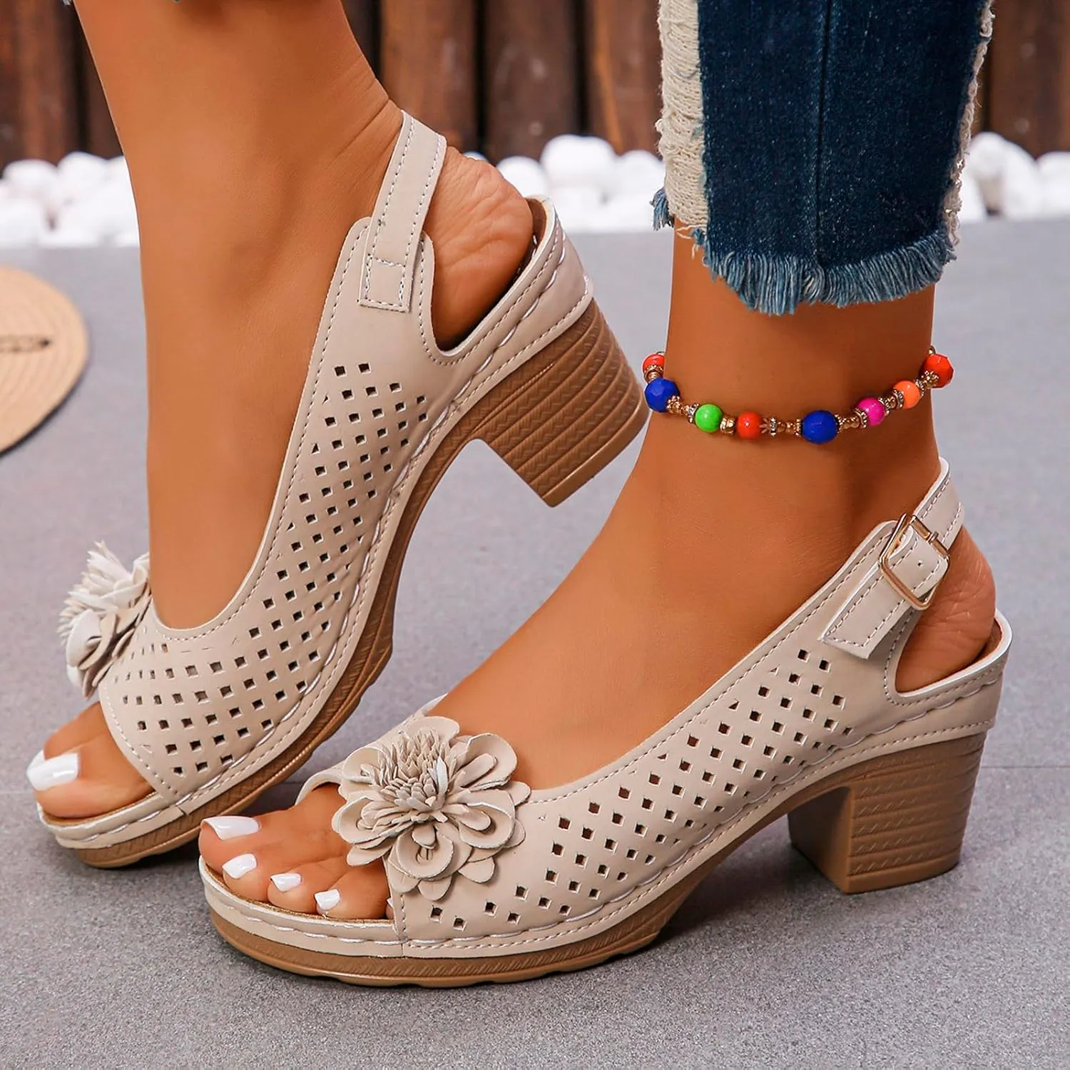 Womens Block Heel Sandals Summer Open Toe Ankle Buckle Strap Chunky Casual Hollow Out Platform Wedge Peep Slingback Dress Shoes Dressy Wedges Heels Comfortable Sandal Work Office Breathable