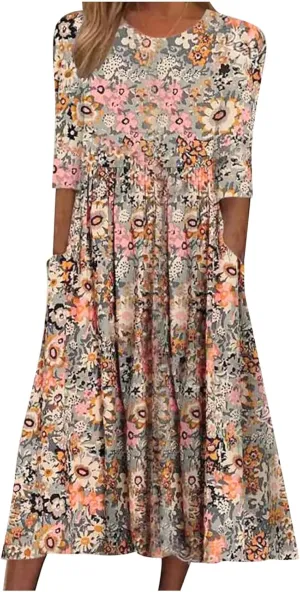 Womens Boho Dress Plus Size Casual Summer Short Sleeve Dresses Beach Maxi Dress Floral Pleated Long Dress Tunic Shirt