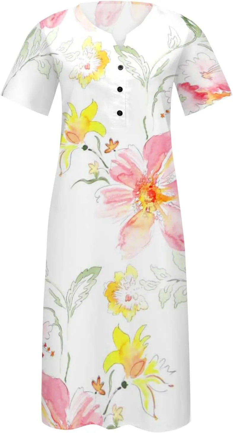 Womens Boho Dress Plus Size Casual Summer Short Sleeve Dresses Beach Maxi Dress Floral Pleated Long Dress Tunic Shirt